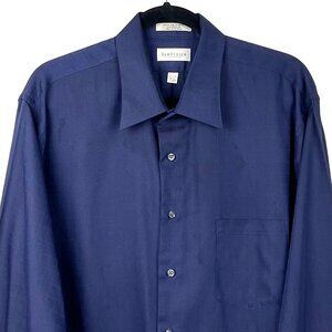 Van Heusen Button Up Dress Shirt Blue Jacquard Checkered Pattern XL 17 1/2 x 35